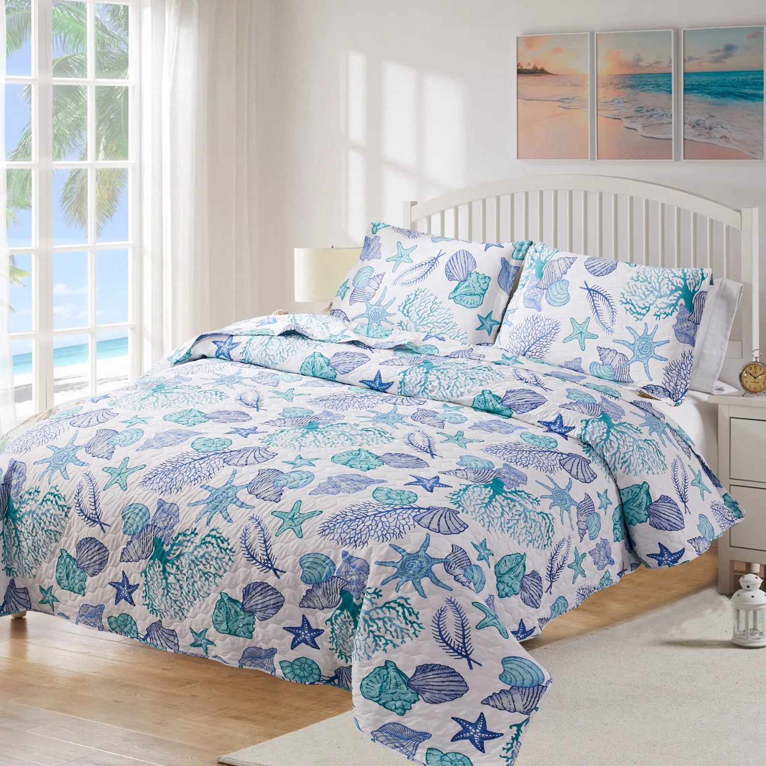 Kebury Ocean Beach Quilts Bedding Set Twin Size Lightweight Patchwork Coastal Quilted Bedding Blue Ocean Printed Coverlets Conch Seashell Starfish Seaweed Bedspreads (1 Quilt, 2 Pillow Shams)