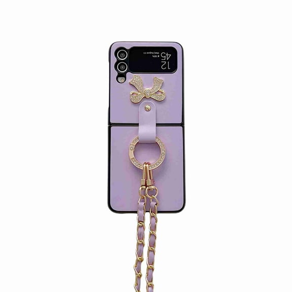 Dteck for Samsung Galaxy Z Flip 4 5G Case with Crossbody Chain Strap Cute 3D Handmade Sparkle Crystal Diamond Bling Glitter Ring Stand PU Leather Hard PC Phone Case for Women Girls,Purple