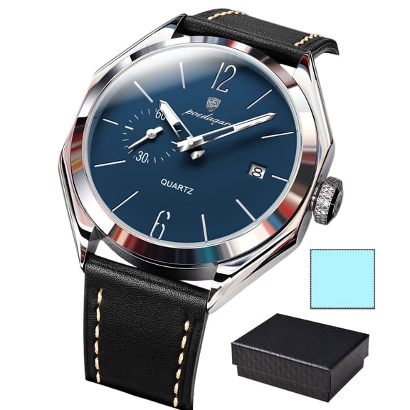 POEDAGAR Men Leather Quartz Watch Fashion Casual Luminous Date Wristwatch Water Resistant Luminous Hands Male Daily Business Clock
