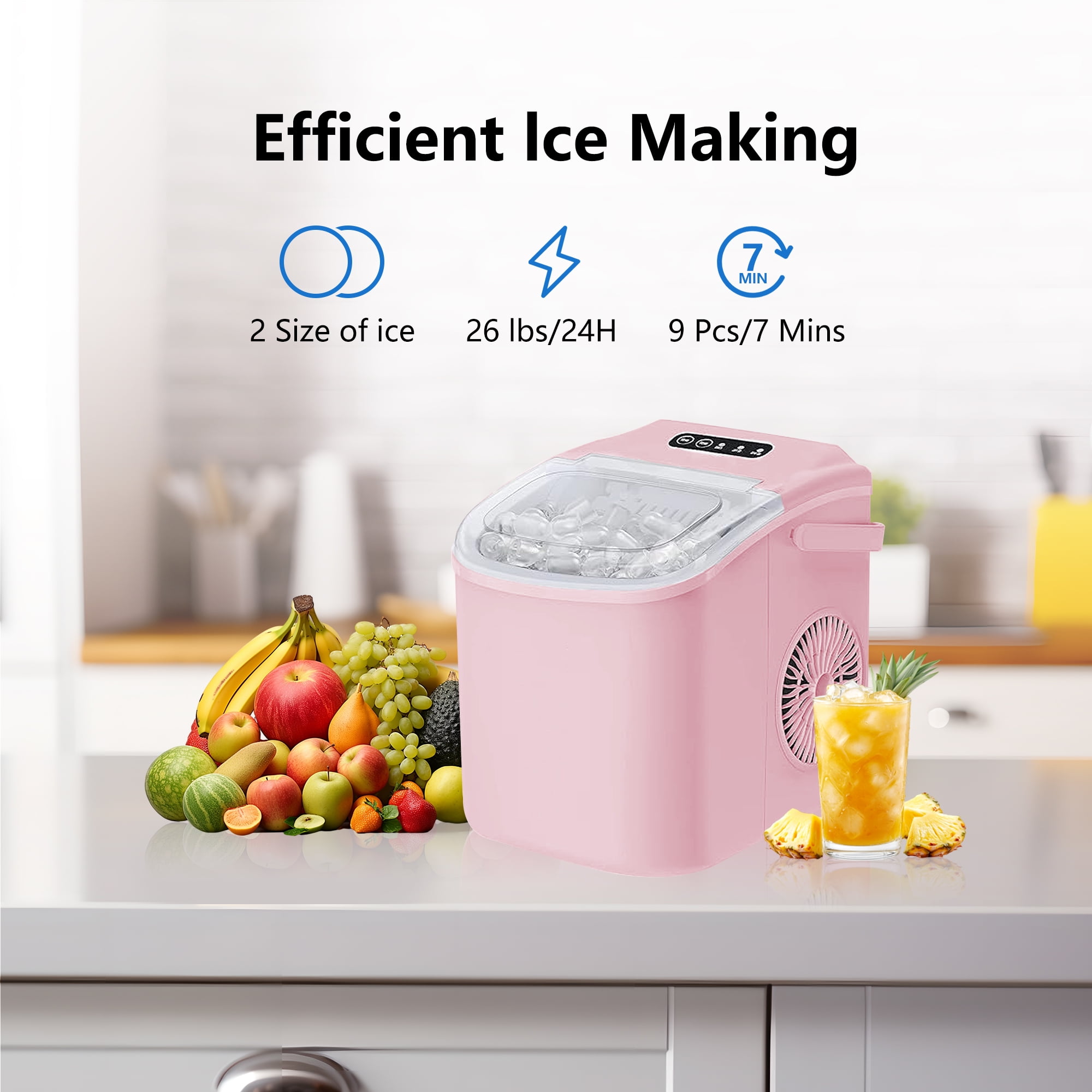 HUMSURE Countertop Ice Maker Machine with Handle, 26lbs  Per Day, 9 Ice Cubes Ready in 7 Mins, Self-Cleaning Portable Ice Maker with Basket and Scoop, for Home/Party/Kitchen/Camping/RV(Pink)