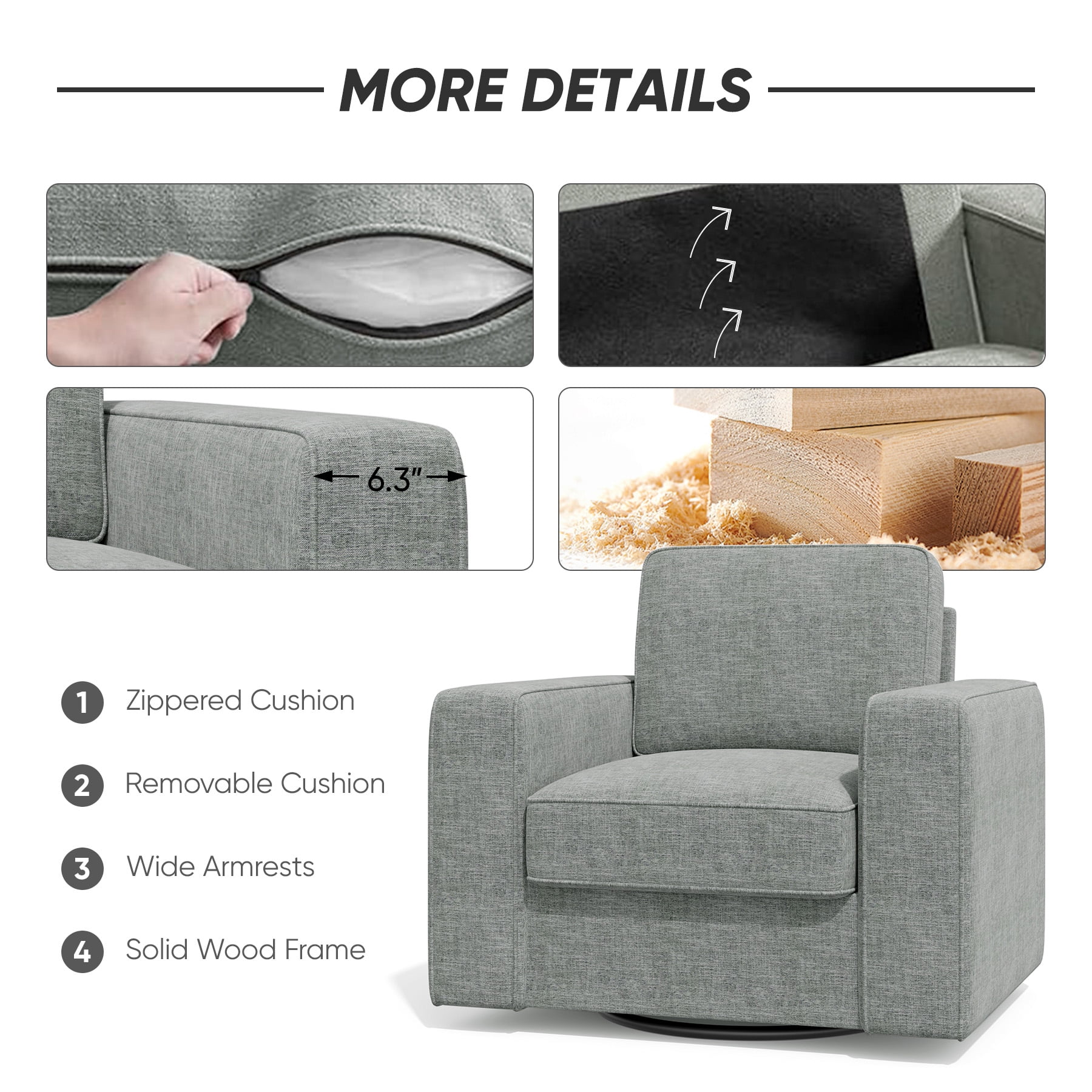 Hawsaiy Swivel Accent Chair, Mid-Century Modern Linen Armchair with Extra Wide Armrests, Comfy Single Sofa Chair for Living Room, Bedroom, Office,Gray