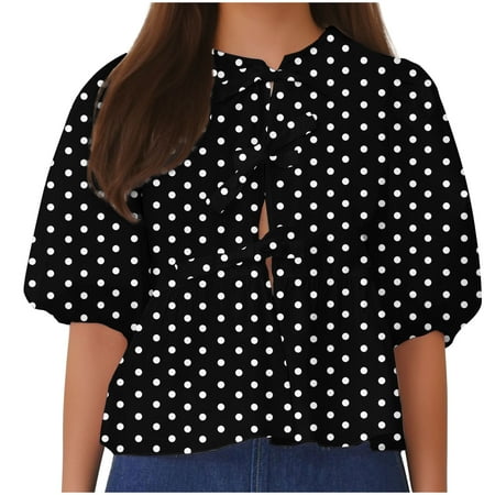 Dovford Women Bow Tie Front Shirt Top Cute Puff Sleeve Y2K Peplum Ruffle Babydoll Blouse Lace Up Summer Going Out 2024