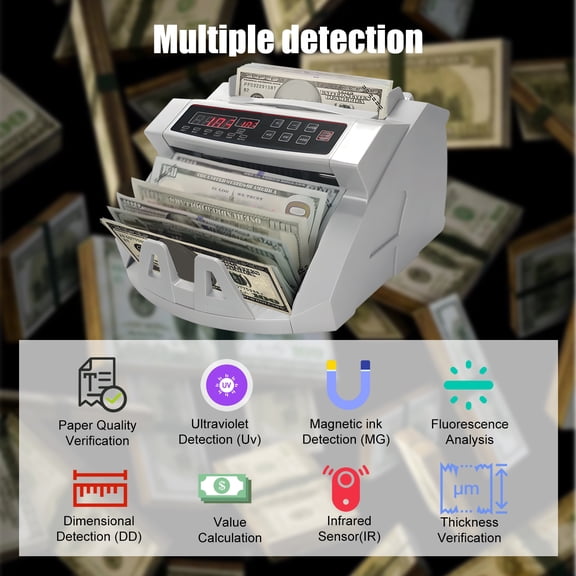 Tereitr Money Counter Machine with Value Count, UV/MG/IR Counterfeit Detection Function Cash Counter, Digital Display, Mix Denomination Counting for Supermarket