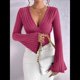 thumbnail image 4 of Camiseta de Larga Ajustada con Cuello en V Acanalado para Mujer, Top Informal de Moda con Mangas Acampanadas. Rosa Roja XL, 4 of 9