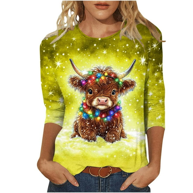 Staron Liquidation Femmes T-Shirts à Manches 3/4 Animaux de Dessin Animé Col Rond T-Shirts Chic Décontracté Tunique d'Été Hauts T-Shirts Basiques Chemises