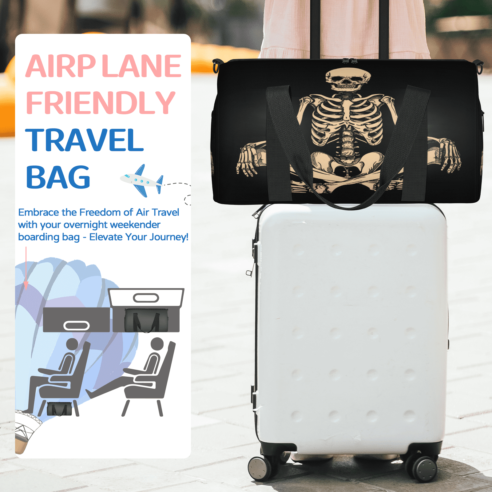 Herdesigns Funny Human Skeleton Skull Gym Bag for Women, Duffle Bag for Travel Sport, Lightweight Waterproof Carry on Weekender Overnight Dance Yoga Workout Bags