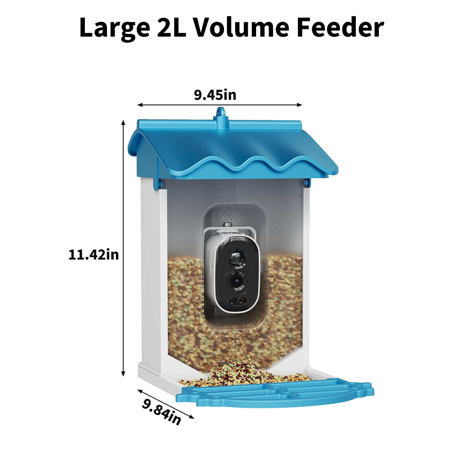 Solar Smart 4K Bird Feeder with AI Recognition - 2L Capacity with Night Vision & Auto Photo/Video Capture, Squirrel Deterrent & App Alerts for Bird Watching, Blue
