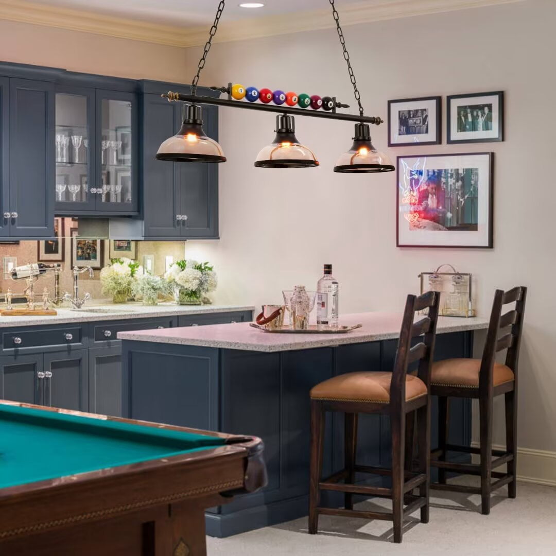 FINE MAKER Black Metal Ball Design Billiard Chandelier, Pool Table Lighting Pendant Light with 3 Glass Shades for Game Room Beer Party 7' - 8' Table