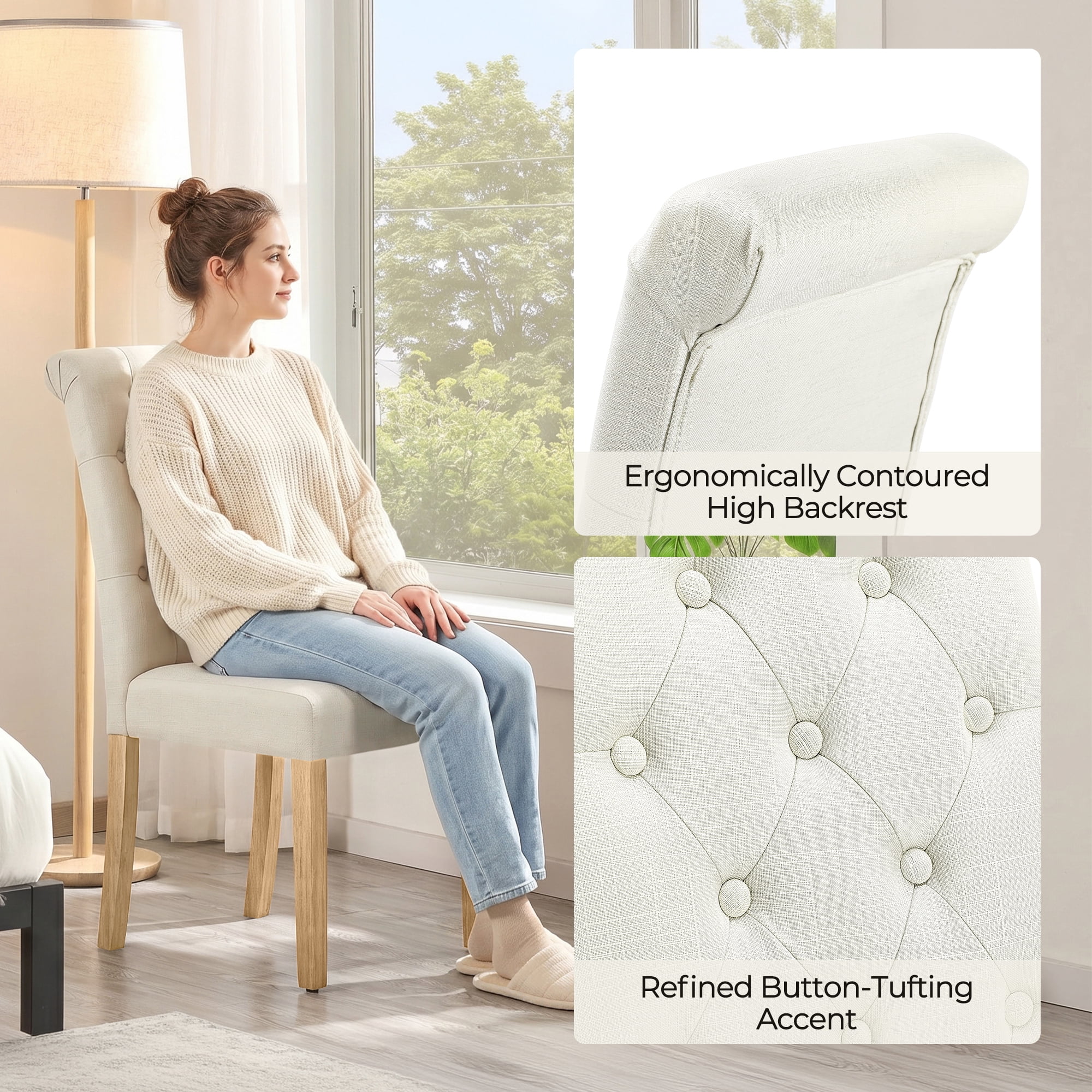 Alden Design Tufted Upholstered High Back Parson Dining Chair, Set of 2, Beige