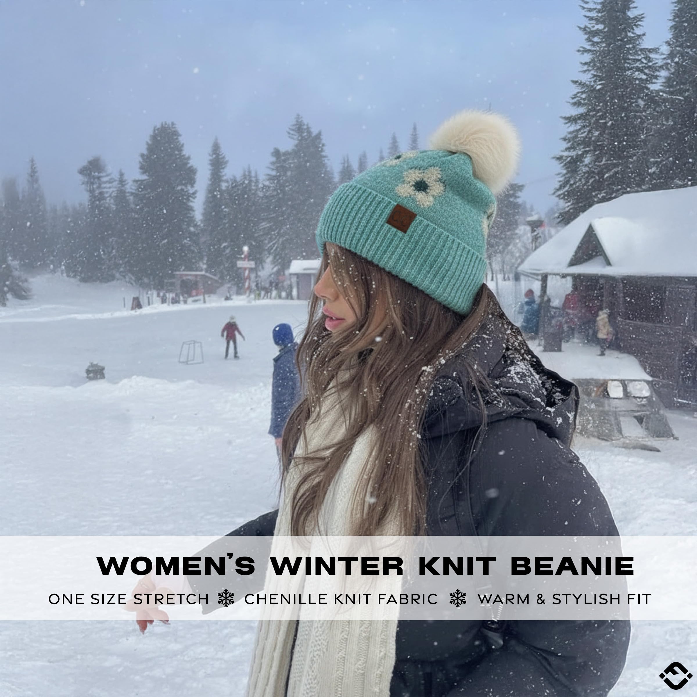 Funky Junque Beanie for Women Ultra Soft Chenille Faux Fur Pom Pom Winter Hats Warm Ski Cap Fashion - Daisy - Mint