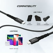 iHome Nylon Braided Lightning to USB-C Cable, Black, 6