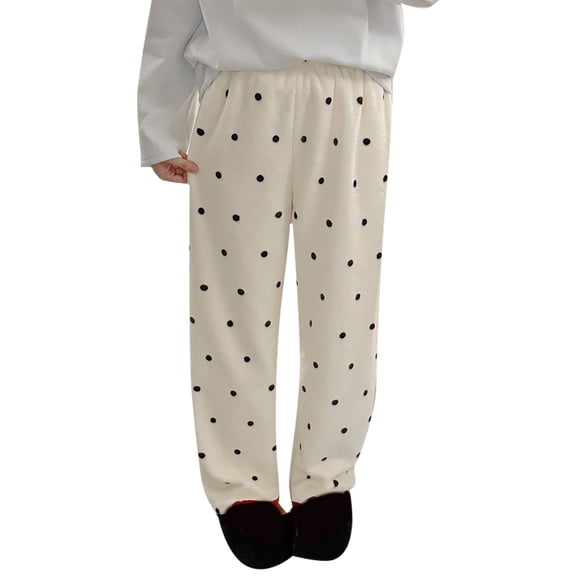 Bibifish Womens Pants Black Polka Dot Print Fuzzy Fabric Elastic Waisit Loose Leg Fit Casual Cold Weather Home Wear Warm Cute Pants For Ladies