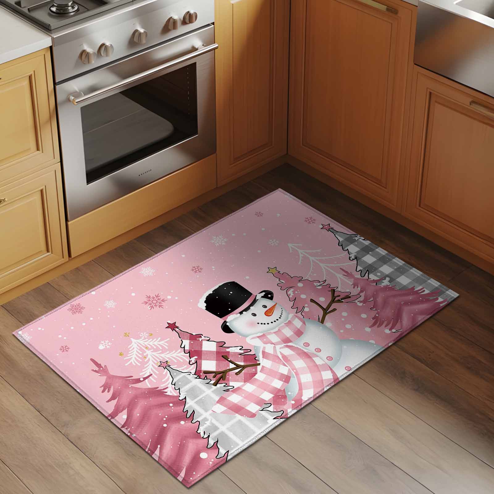 Pink Snowman Christmas Bathroom Mat 2x3 FT, Non Slip Small Kitchen Mat, Winter Snowflake Xmas Tree Pink Grey Plaid Washable Soft Backed Front Door Throw Rug Indoor Outdoor Doormat for Entryway Sink