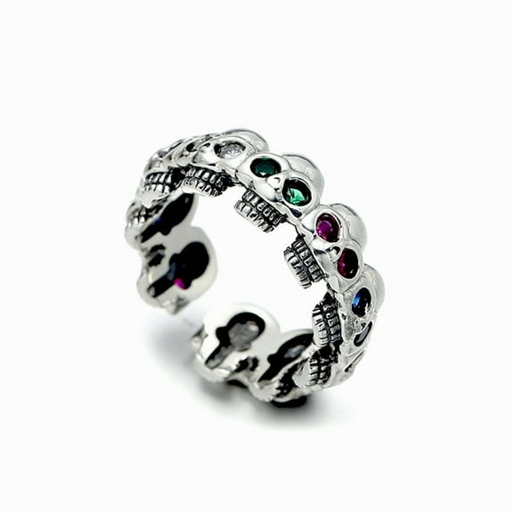 2 pc 925 Sterling Silver Rhinestones Skull Open Cuff Rings for Unisex Antique Silver US Size 8(18.1mm)