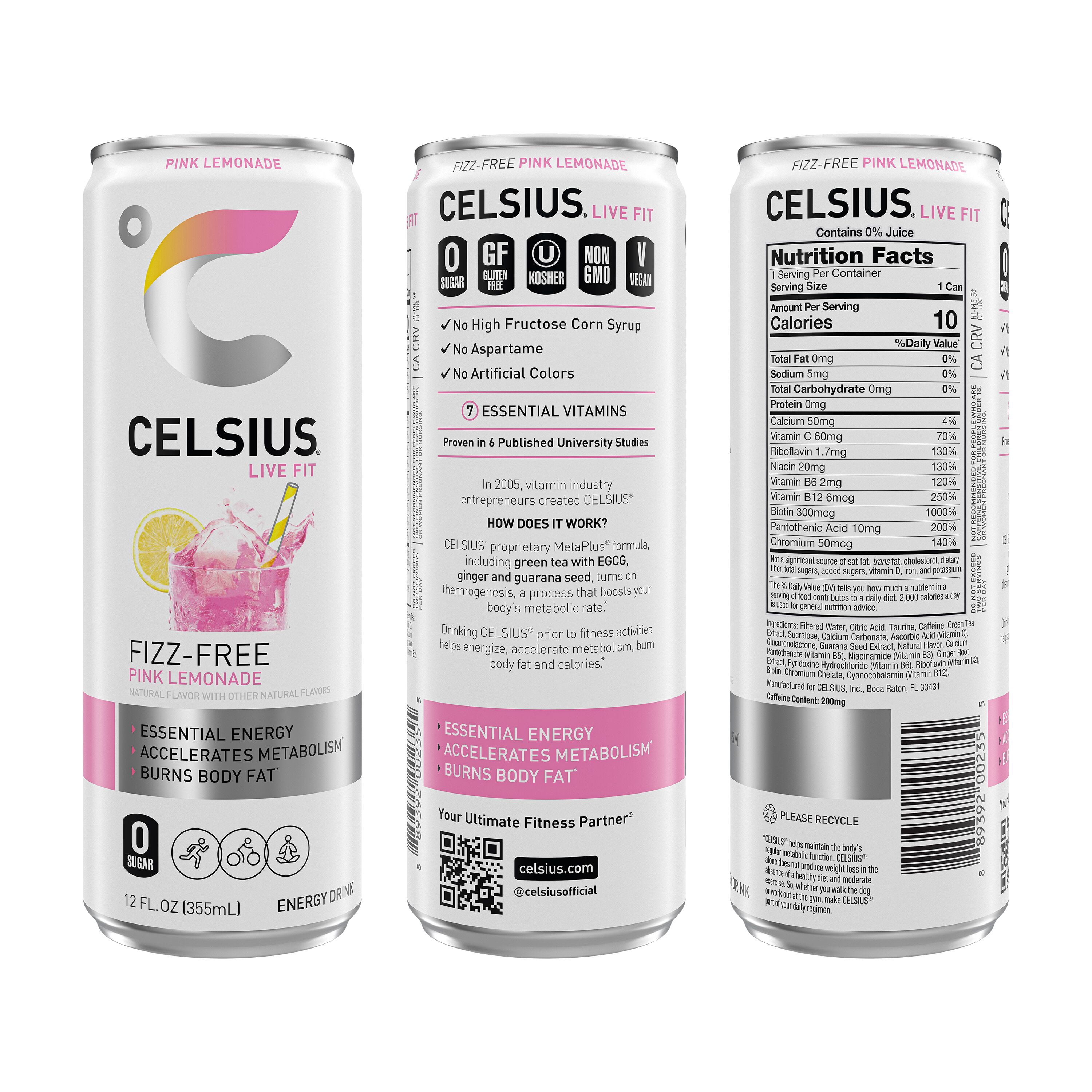 CELSIUS Fizz Free Pink Lemonade, Functional Energy Drink 12 fl oz Single Can