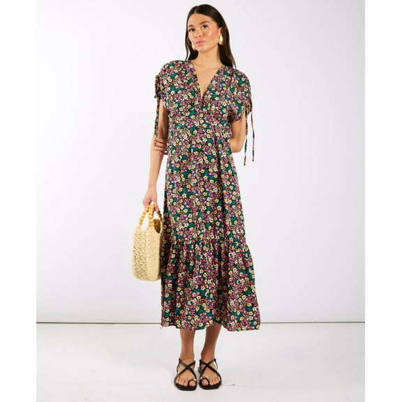 Multicoloured Floral Gathered Sleeve Midi Dress.