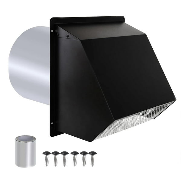 Cubierta de ventilación de secadora, acero recubierto de aluminio, aleta de ventilación de escape exterior, tapa sellada de pared 6 pulgadas Negro