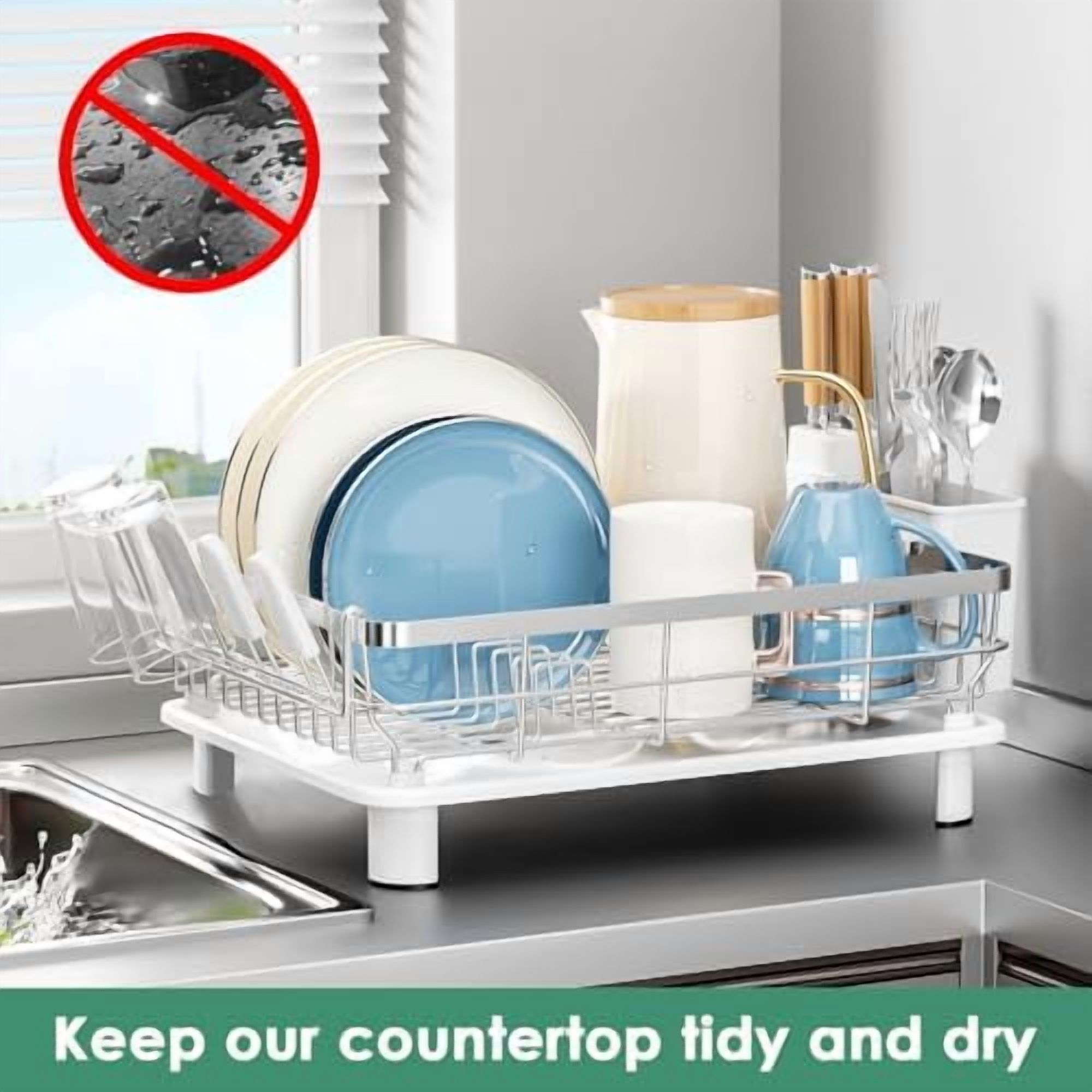 Dish Drying Rack, Dish Rack, Stainless Steel Dish Racks for Kitchen Counter, Dish Drainer with Removable Utensil Holder, Drainboard (White,Stainless Steel,13''W x 17''L)