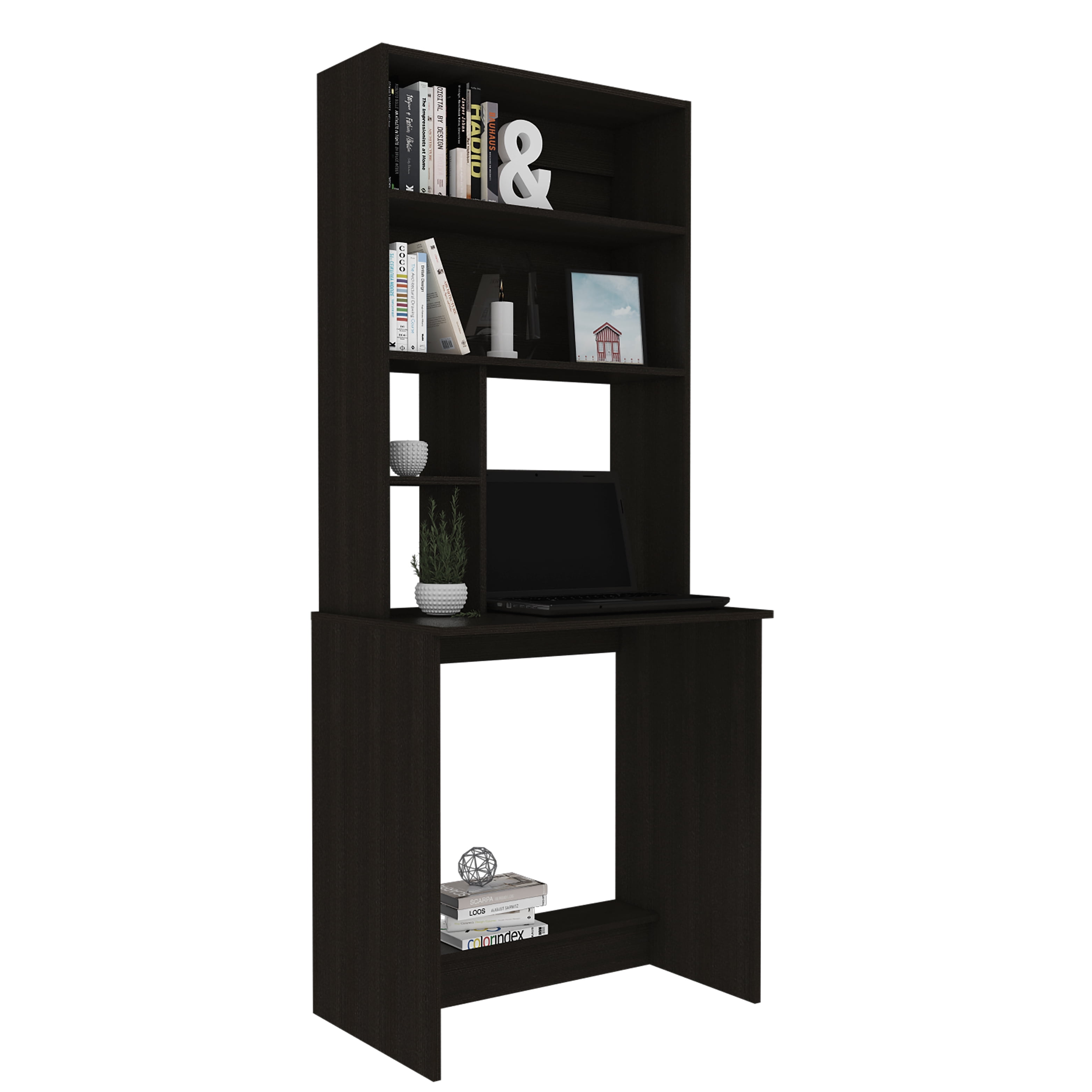 Astoutdoor Compu Hutch Desk with Four Shelves, Writing Desk, One Lower Shelf - Black