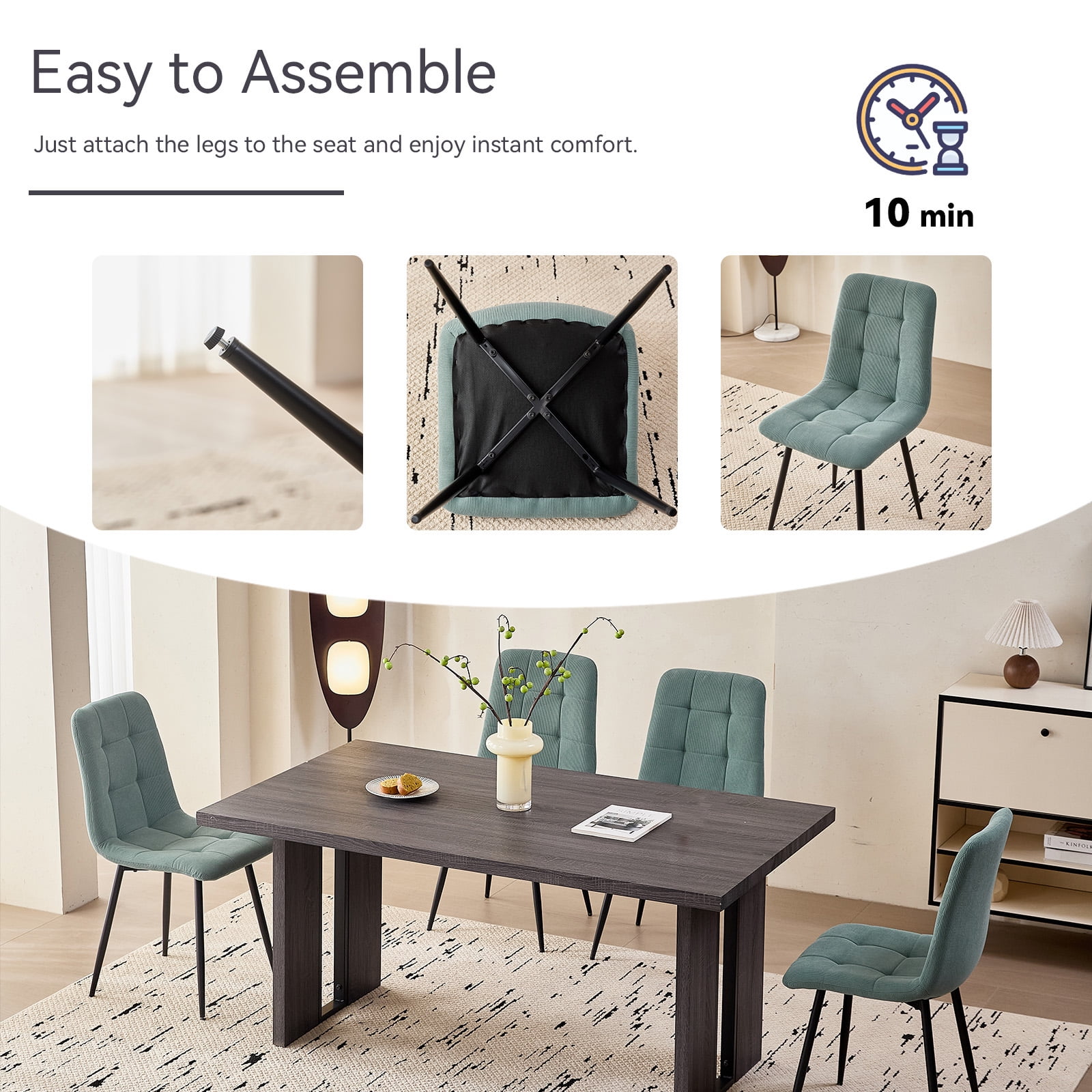 Corduroy Dining Chairs Set of 4, Modern Upholstered Fabric Kitchen Chair with Metal Legs for Living Dining Room, Apartment, Side Chairs with Thick Cushions, Green