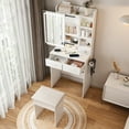thumbnail image 3 of Yoneston Small Makeup Vanity Desk Set with Mirror and Adjustable LED Lights, Hidden Storage Vanity Table with Cushioned Chair Power Outlet Hair Dryer Rack and 2 Drawers for Bedrooms, White, 3 of 9