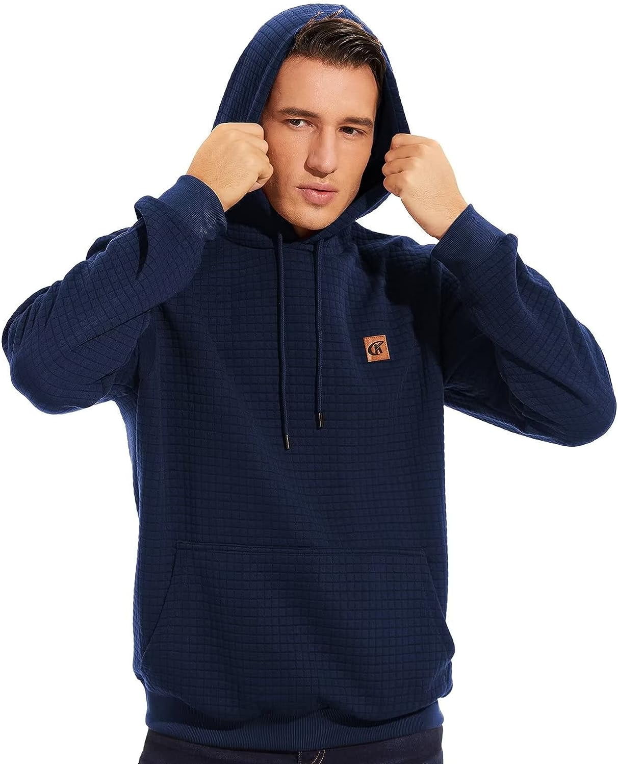 Satankud Men's Pullover Hoodies Plaid Jacquard Weave Long Sleeve Drawstring Hipster Casual Hooded Sweatshirts with Kanga Navyblue M
