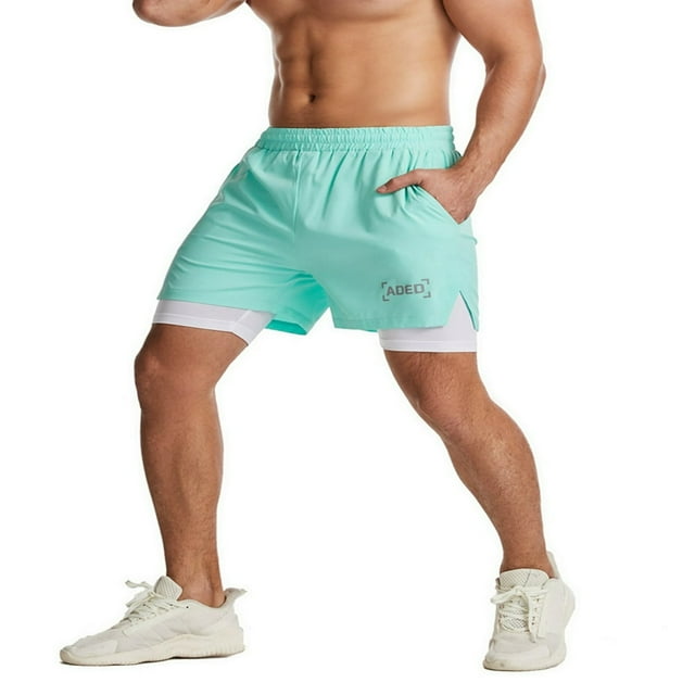 EIMELI Men‘s Running Shorts Double Layer Exercise Gym Workout Quick Drying Training Joggers 2 in 1 Sports Shorts with Zip Pockets Fluorescent Green XS