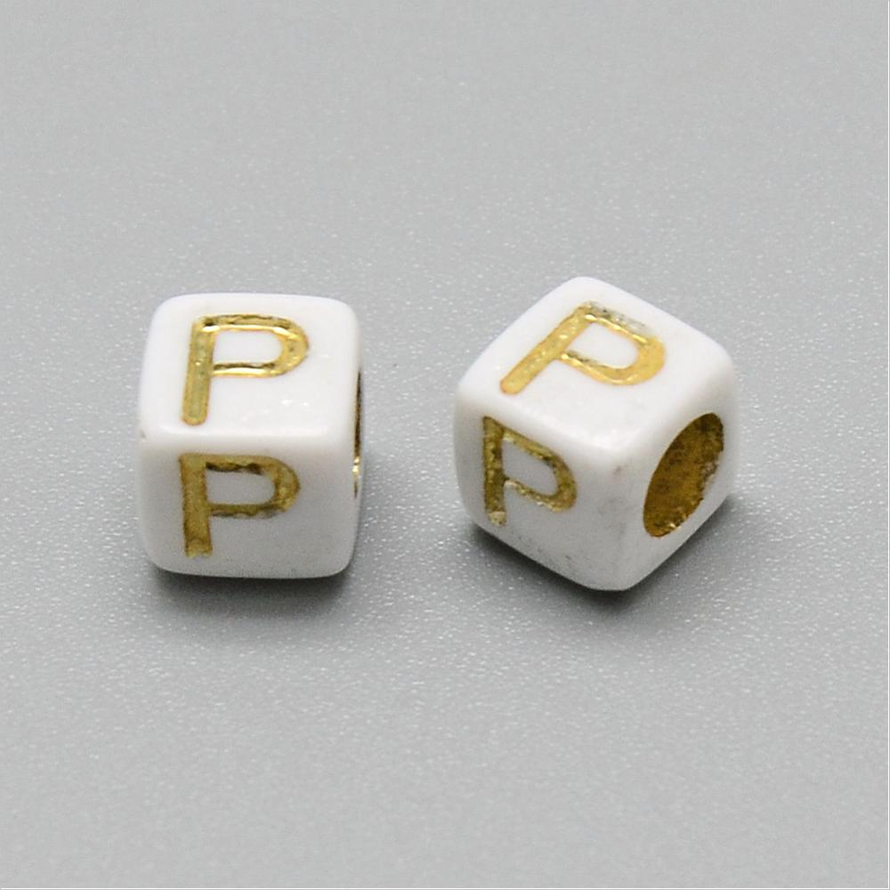 500 g Plating Acrylic Beads Golden Metal Enlaced Horizontal Hole Cube Letter 5.5~6x5.5~6x5.5~6mm Hole: 3.5mm about 3000pcs/500g