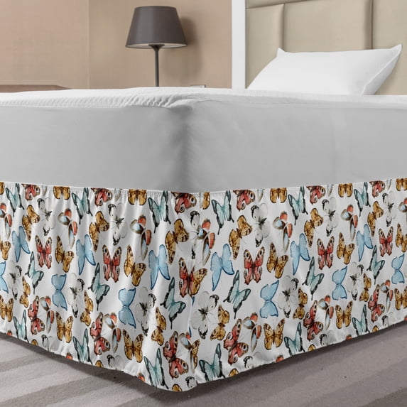 Butterfly Bed Skirt, Various Colorful Butterflies Watercolor Style Wild Nature Bohemian Design Print, Elastic Bedskirt Dust Ruffle Wrap Around for Bedding Decor, 4 Sizes, Multicolor, by Ambesonne