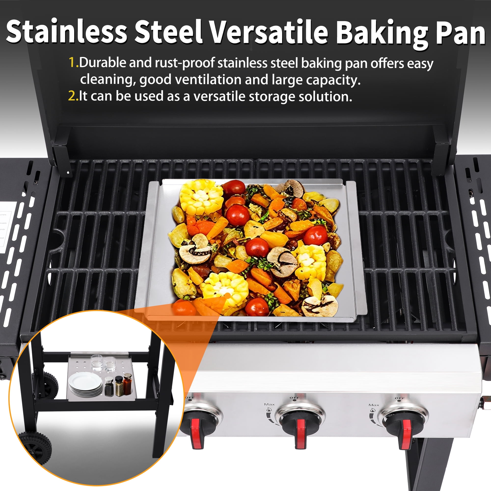 4-Burner Propane Gas Grill with Cast Iron Grates, 302 Sq. In. BBQ Grilling Space, Foldable Side Shelves for Portable Outdoor Patio Camping, Black