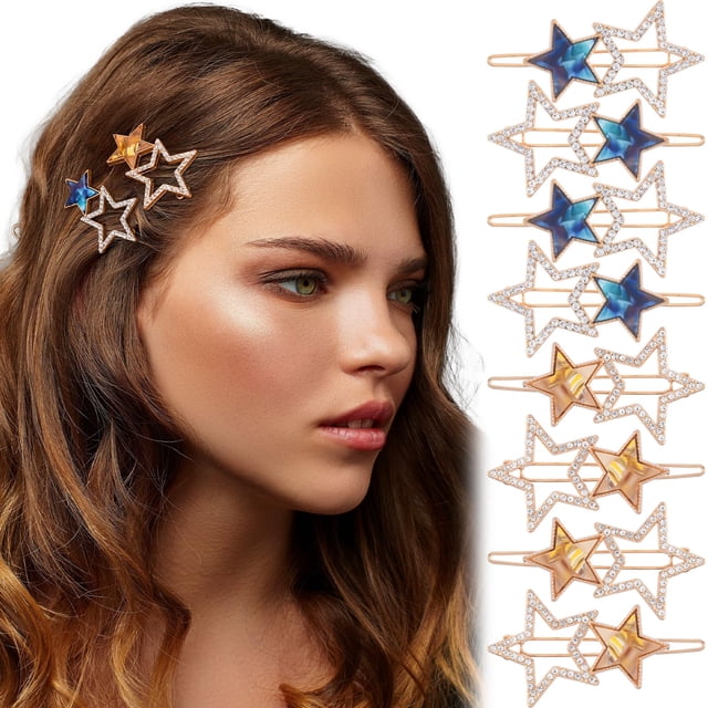 Mxxipp 8 pasadores de pelo con forma de estrella para mujer, con cristales brillantes y diamantes de imitación, antideslizantes, doble estrella, accesorios para cabello largo, corto, recto, rizado, az