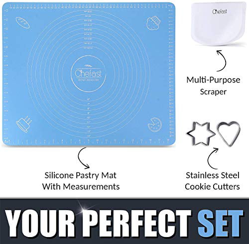 Non-Slip Pastry Mat Set Plastic Bowl Scraper and Cookie Cutters for Baking Combo Kit of Silicone Mat with Measurements and Non-Stick Surface