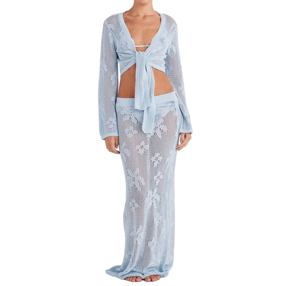 Womens 2 Piece Crochet Cover Up Matching Set with Long Sleeve Tie Knot Crop Tops and Drawstring Skirts Light Blue L