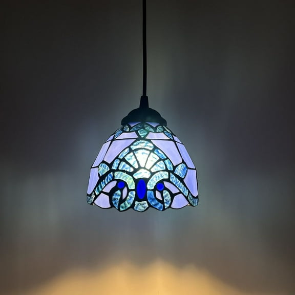 Tiffany Style Mini Hanging Lamp Blue Stained Glass Baroque Style LED Bulb Included 6”W*6”D*50”H