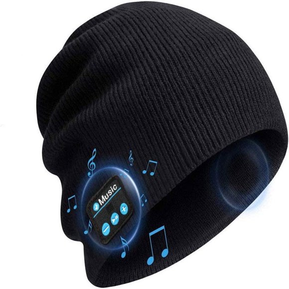 MesaSe Bluetooth Black Beanie Hat Wireless Headphone Cap Music Soft Hat with Stereo Speakers Winter Knit Hat Mic Hands-Free for Men Women