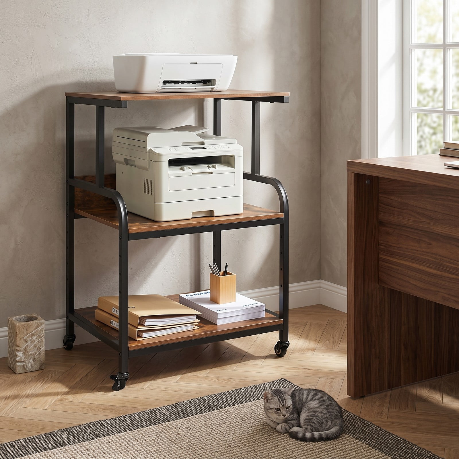 Furnibear 3-Tier Rolling Printer Stand, Mobile Printer Cart with 5-Level Adjustable Shelf and Lockable Wheels, Metal Frame Office Machine Cart for Home, Rustic Brown