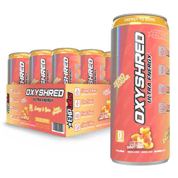 EHPlabs OxyShred Ultra Energy Drink - Performance Carbonated Energy Drink with Zero Sugar, Carbs & Calories, 100% Natural, Peach Candy Rings (12-Pack)