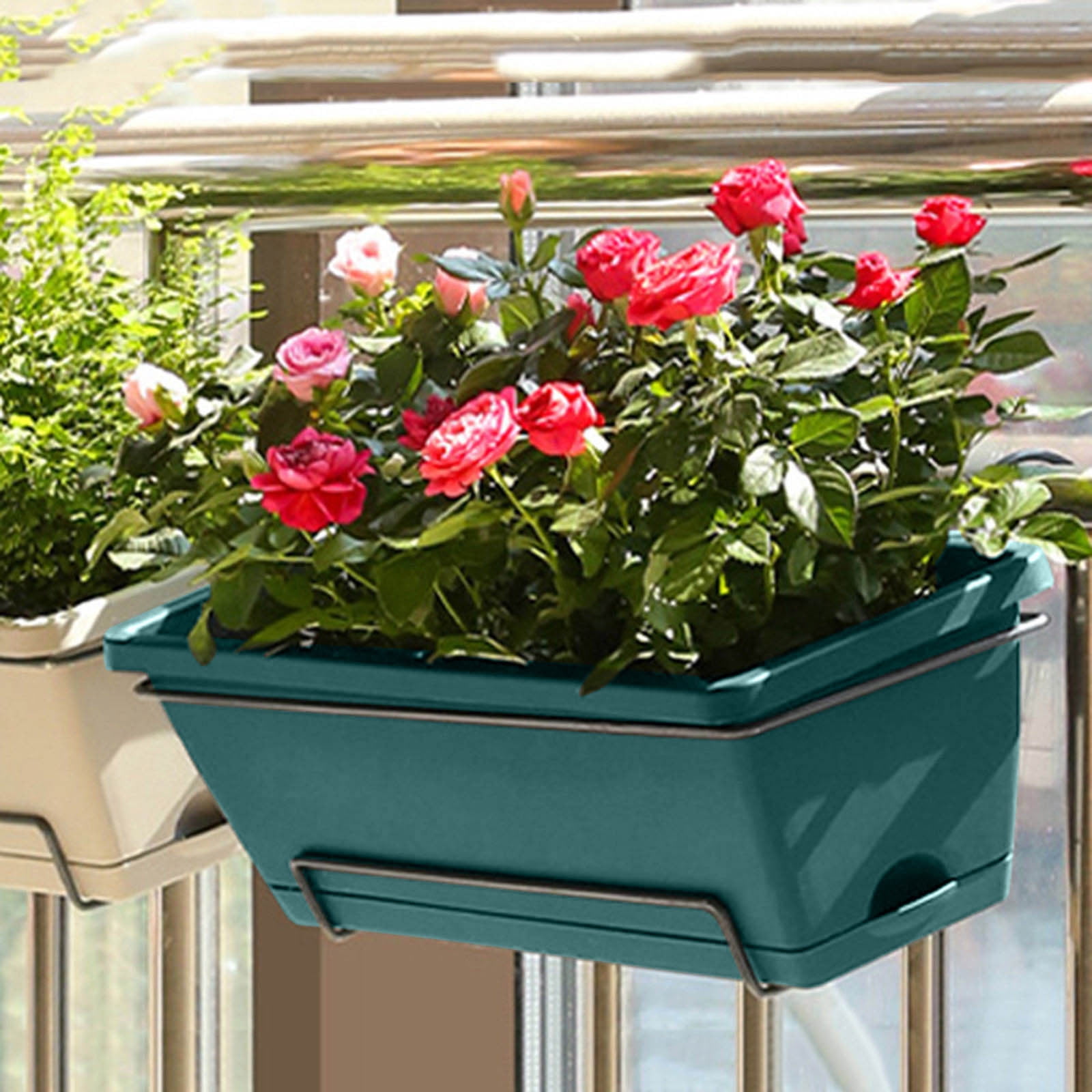 4PCS Rectangle Window Box Planter with Built-In Drainage System & Detachable Trays,17 Inch Flower Pot for Indoor Outdoor Vegetables Herbs Flowers Patio Balcony Windowsill Garden Decor
