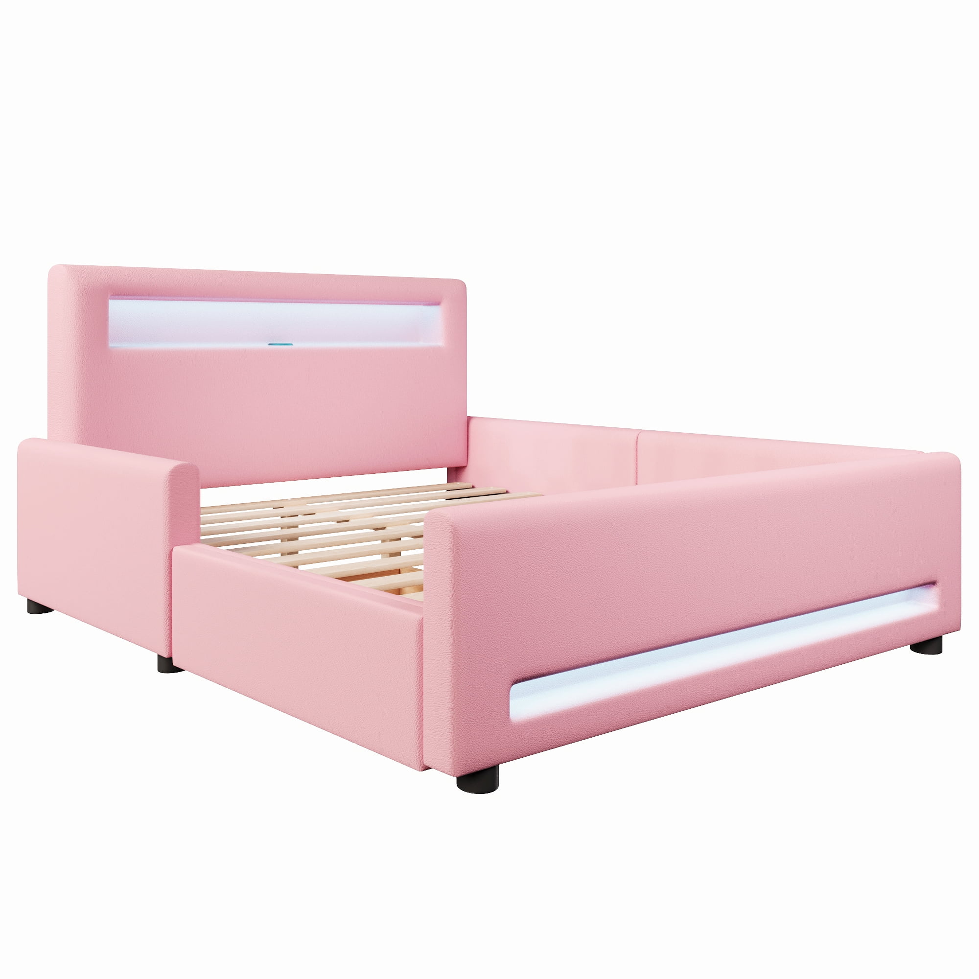Euroco Upholstered Full Size Platform Bed with LED Light and USB Ports, 2 Drawers, Pink