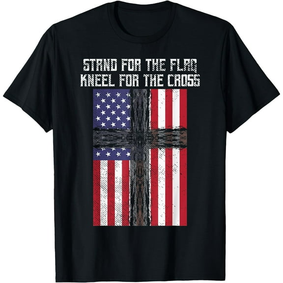 Stand Flag Kneel Cross God Jesus America US Christian Gift T-Shirt,Black