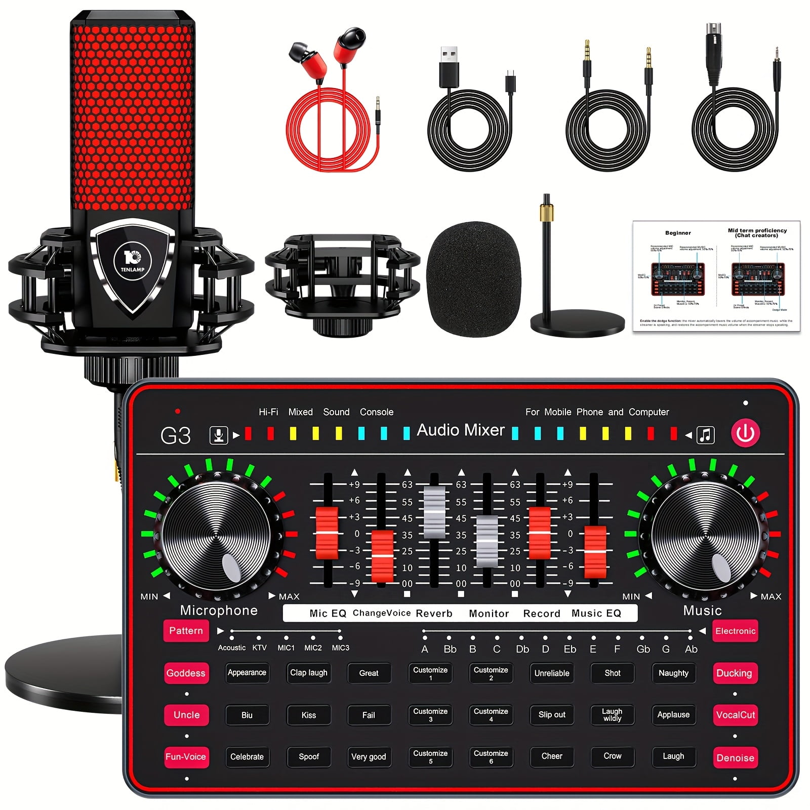 Professional Mixer Kit: Condenser & Dynamic Mic with Sound Card for Streaming, Podcast, Recording, Karaoke on Laptop & Mobile