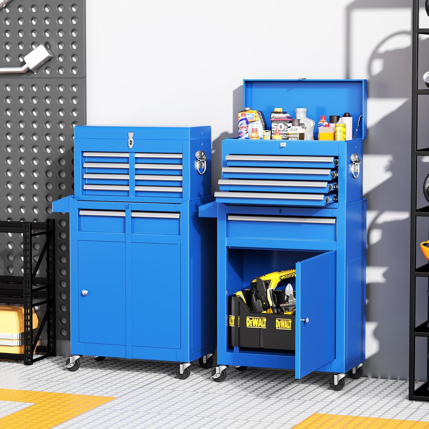 SUNCROWN 5-Drawer Rolling Tool Chest, Storage Cabinet with Detachable Top Tool Box, Tool Chest with Universal Lockable Wheels, Metal Tool Cart for, Workshop, Barbershop（Blue）