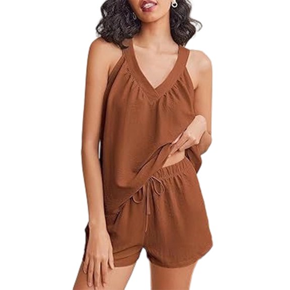 Short Sets for Women 2 Piece Outfits V Neck Top Drawstring High Shorts Sets Dark Brown M