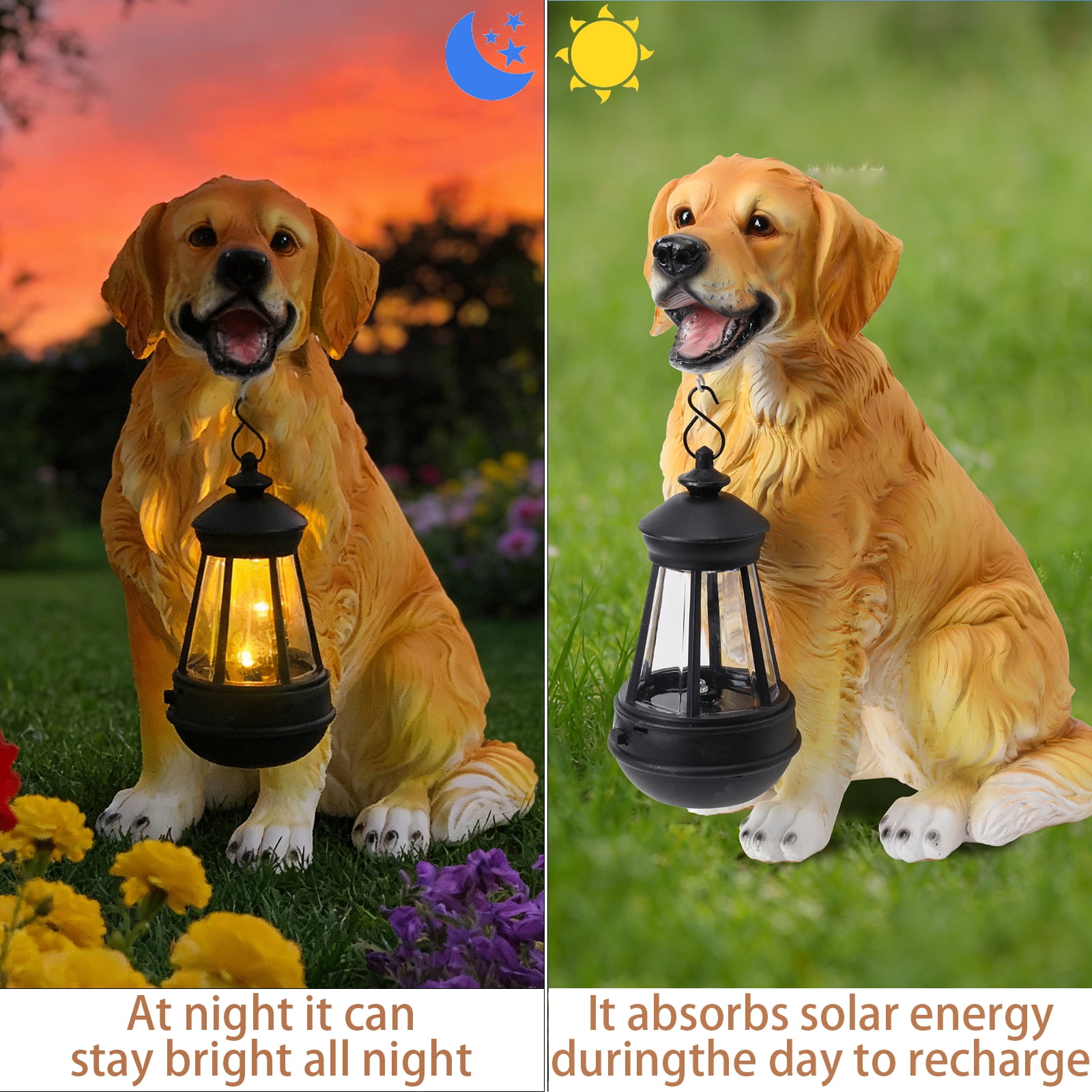 11.4 inch Dog Garden Statue with Solar Lantern,Golden Retriever,Resin Statue,Decor for Patio, Lawn & Outdoor Spaces