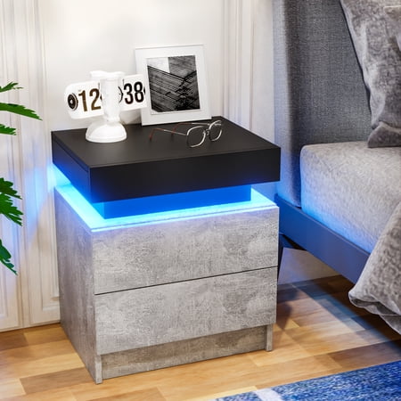 Hommpa Modern LED Nightstand 2 Drawers Bedside Table with Led Lights Smart Night Stands Gray Black Textured Finish End Side Table for Bedroom Home Furniture