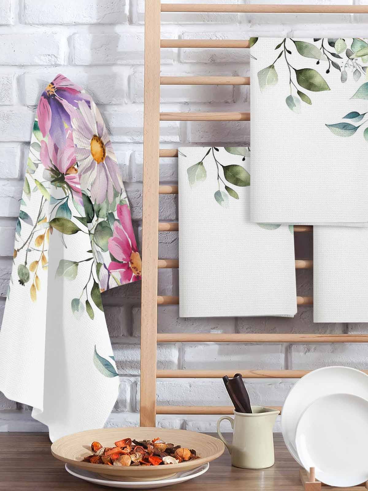 Eucalyptus Flower Hand Towels Set,Waffle Weave Kitchen Towels 4 Pieces,Sage Green Botanical Boho Leaf Pink Microfiber Hair Face Bath Tea Towel Absorbent Quick Drying Cleaning Dish Cloths,15.7"x23.6"