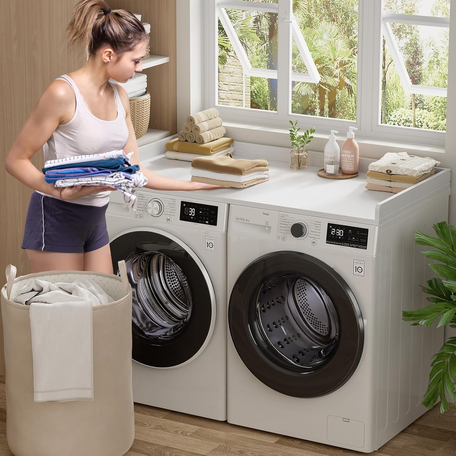 Homieasy Washer and Dryer Countertop, Laundry Room Organization with Non-Slip Pads, Wood Shelf Topper with Round Corner Edge Rails, Laundry Folding Organizer for Laundry, White