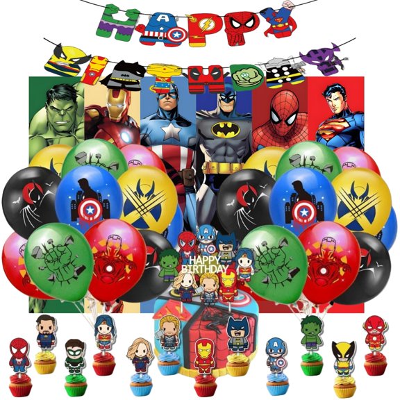 Avenger Hero Theme Cartoon style Birthday Decoration Kits，Party Supplies Including Banner, Balloons, Cake Toppers, Cupcake Toppers，Background Flag.