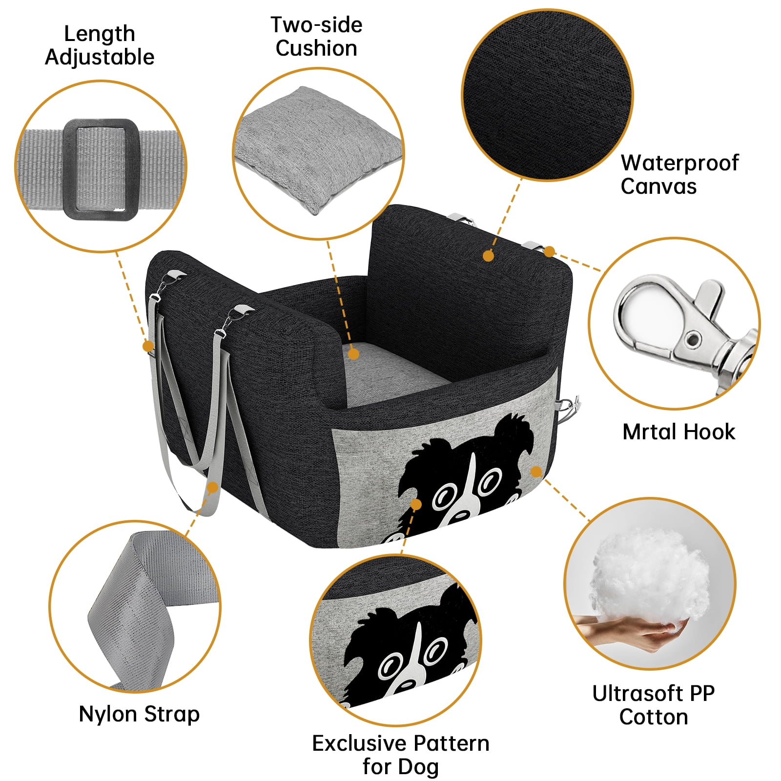 Baxluxe Dog Car Seat for Small Dog, Soft Travel Carrier Dog Bed for Car, Portable Pet Car Seat with Foam Filling, Dog Booster Seat with Patent Safe Buckles, Pet Carrier Bag for Puppy, Black+Gray