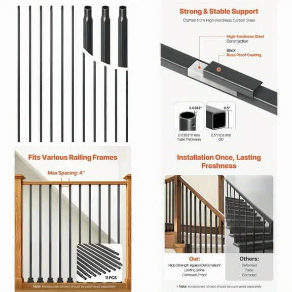 11-Pack Carbon Steel Stair Balusters - 44 Inch Heavy-Duty Spindles with Black Finish | Easy Installation for Modern/Traditional Staircases | Durable Railing System